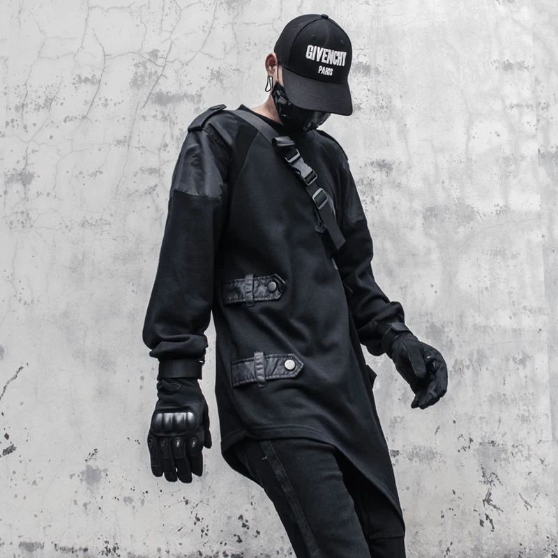 

Unisex heavyweig Pocket Patchwork Sweatshirt Function Streetwear Asymmetric Cut Harajuku Mid-length Pullover Men's clothes