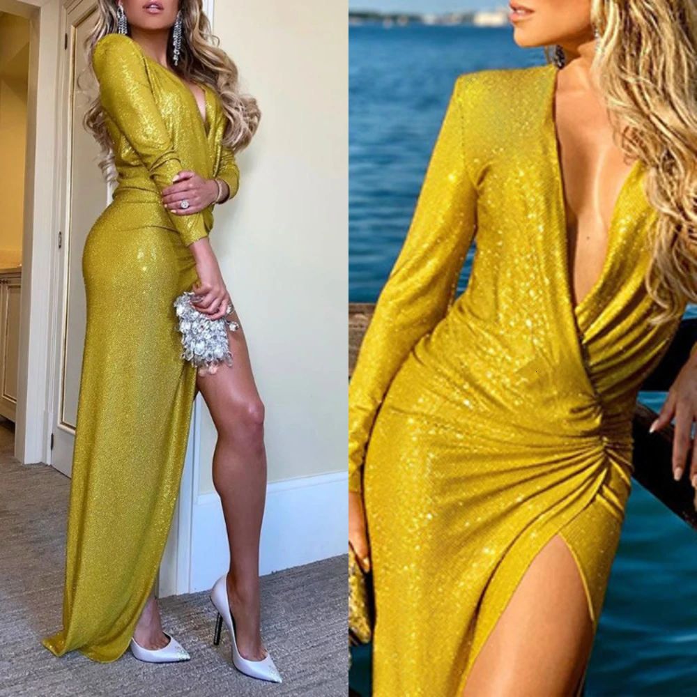 Sexy Gold Glitter Shiny Party Dress Autumn Winter Long Sleeve Split Maxi Dress Deep V Neck Slim Sequin Dresses Woman Party Night