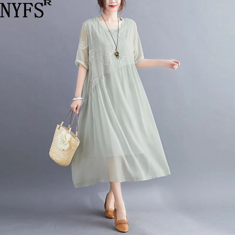 Женское шифоновое платье NYFS свободное винтажное шелковое однотонное длинное