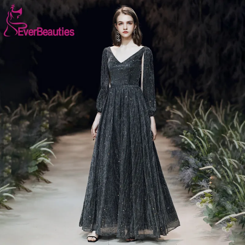 as picture Черные вечерние платья Robe De Soiree с длинными рукавами тюль кружева пайетки вечерние платья трапециевидные Вечерние платья Abendkleider - Цвет: as picture