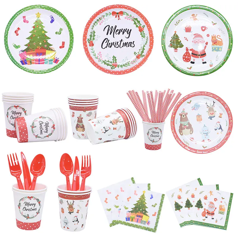 Рождественский одноразовый набор посуды для вечеринки тарелки салфетки для стаканчиков бумажные соломинки Ножи Ложки Набор вилок Новогоднее украшение