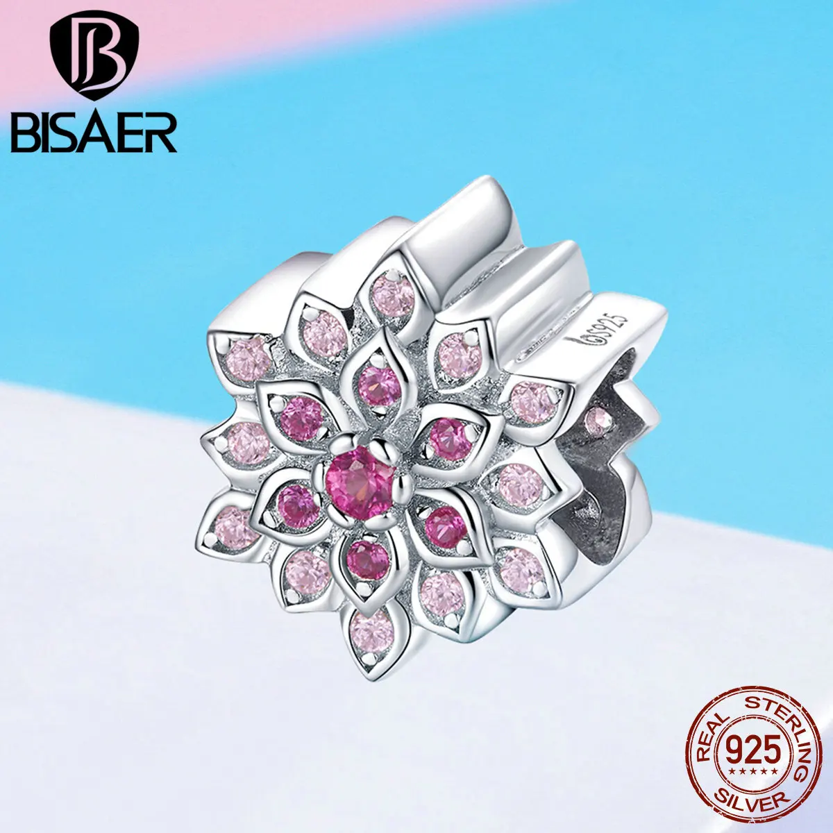 BISAER Настоящее 925 пробы серебро розовый красный цветок лотоса Бусины Подходят талисманы браслеты и браслеты ювелирные изделия из стерлингового серебра EFC038