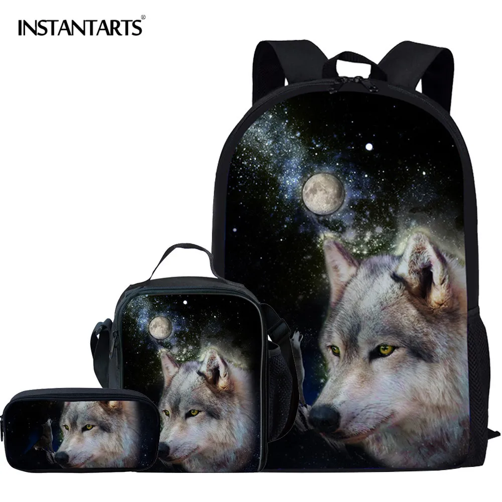 

INSTANTARTS 3Pcs 3D Starry Sky Wolf Backpack Fahion School Bag for Teenage Boys Men Travel Rucksack Wild Animal Mochila Escolar