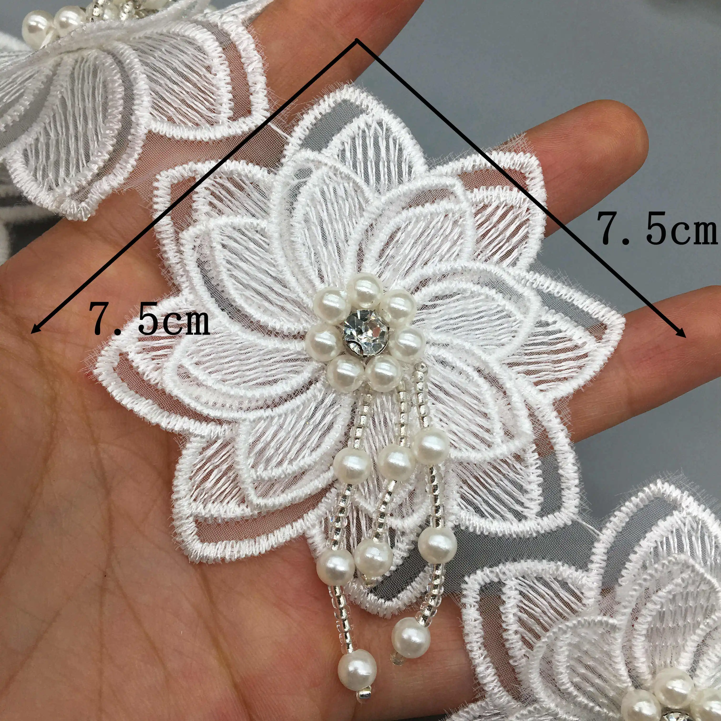 White Pearl Rose Flower Embroidered Lace Trim Ribbon Fabric Sewing Craft For Costume Wedding Dress Decor 7.5CM 10pcs lace ribbon lace fabric lace sewing accessories lace sewing supplies lace accessories lace garment accessories lace decoration clothing craft accessories