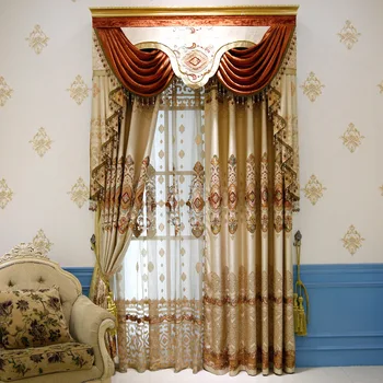 

European Luxury Embroidery Hot Gold Cotton Linea Modern Minimalist Shade Curtains for Living Dining Room Bedroom