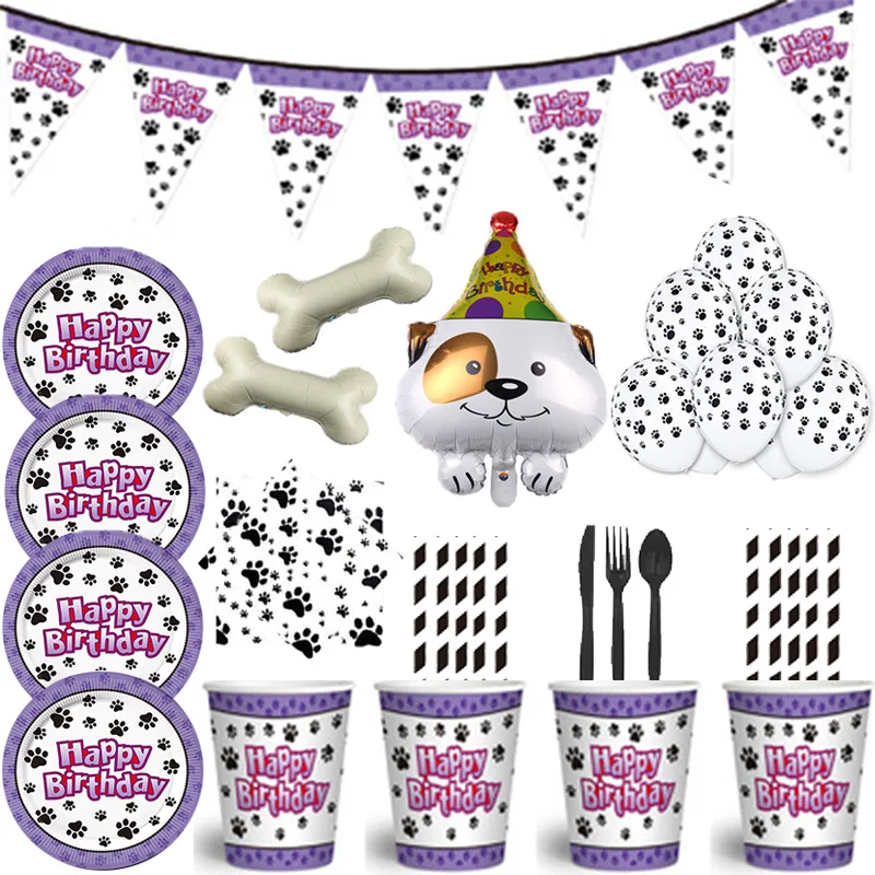 Vajilla desechable con dibujos de perro, platos y vasos de papel, Decoración de cumpleaños, Linda garra de perro