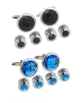 

5Sets/lot Black/Blue Crystal Tuxedo Cufflinks Collar Studs Set 6pcs Set Big Glass Zircon Cuff Links Stud Set Men's Jewelry