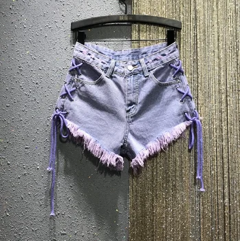 

European Personality Strap Purple Jeans Shorts Female Summer Hot Pants New High Waist Ripped Burr Hole Slimming Shorts Hot Pants
