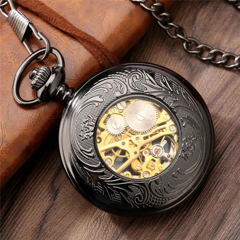 Gold Roman Numerals Transparent Glass Cover Men's Handwinding Mechanical Pocket Watch Pendant Clock with Black Fob Chain Gift
