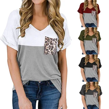 

Madam clothing OWLPRINCESS 2020 Summer New Women's Casual V-neck Leopard Pocket Loose Short-Sleeved T-shirt