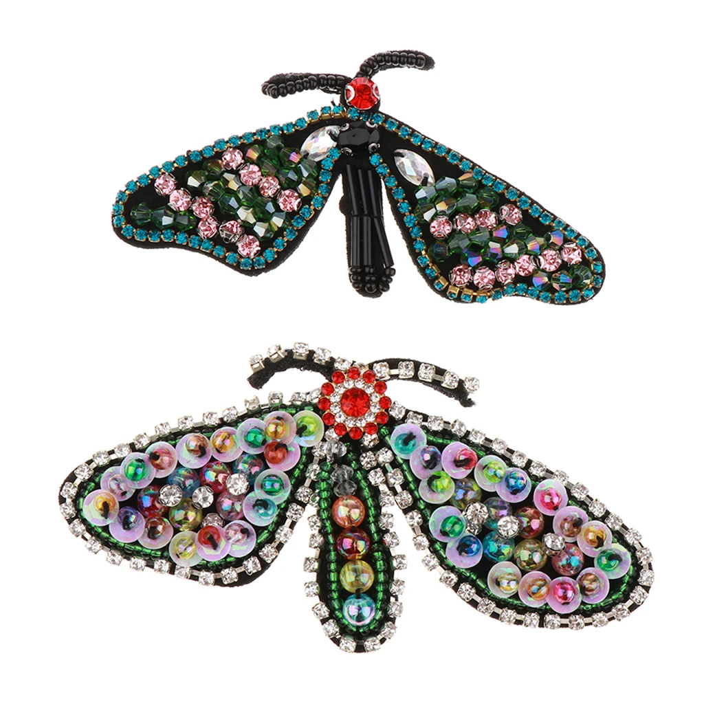 2Pcs Handmade Beaded Sequin Crystal Dragonfly Design Patches Badge Applique Clothing Bags Decorated Sewing Accessories