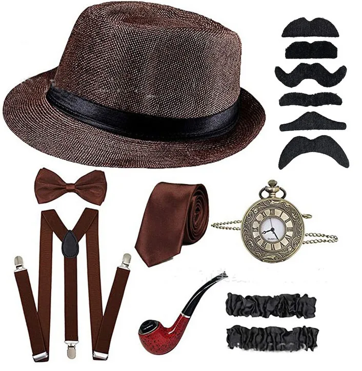 Halloween Great Gatsby Cosplay Costume 1920s Mens Gangster Accessories Set-Fedora Newsboy Hat Suspenders Armbands Tied Bowtie