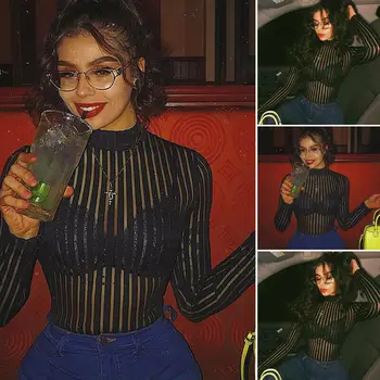 

New Arrival US Women Stripe See Through Bodysuit Mesh Bodycon Leotard Jumpsuits Tops Black Club Turtle Neck Playsuits