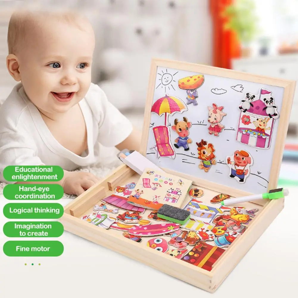 Baby Learning Toys Montessori Wooden Puzzle Animals Puzzles Double Side Magnetic Drawing Board Educational Toys for Kids