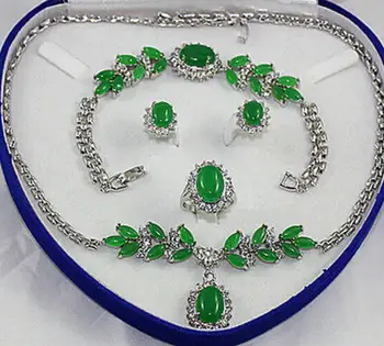 

Free Shipping Fine real new Fashion Cubic Zirconia Trendy Jewelry 100% women's set green JADE silver crystl Earring Bracelet N