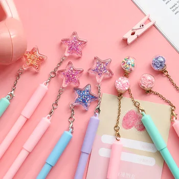 

4pcs Crystal wish pendant gel pen Lovely chain star diamond decoration Black color ink pen Gift Stationery office school A6791