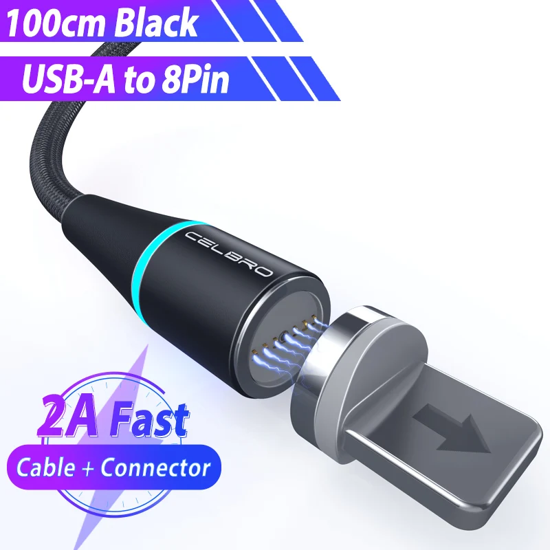 Black for 8pin 5А Магнитный кабель супер быстрая зарядка кабель для передачи данных usb type C светодиодный светильник кабель для samsung Xiaomi huawei Android телефон 1 м магнит - Цвет: Black for 8pin
