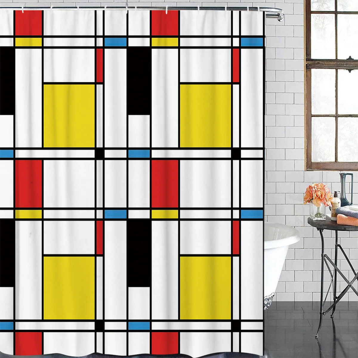 Geometric Rectangle Multicolor Print Waterproof Shower Curtain Polyester Fabric Bath Curtain Washable Home Bath Decor Curtains