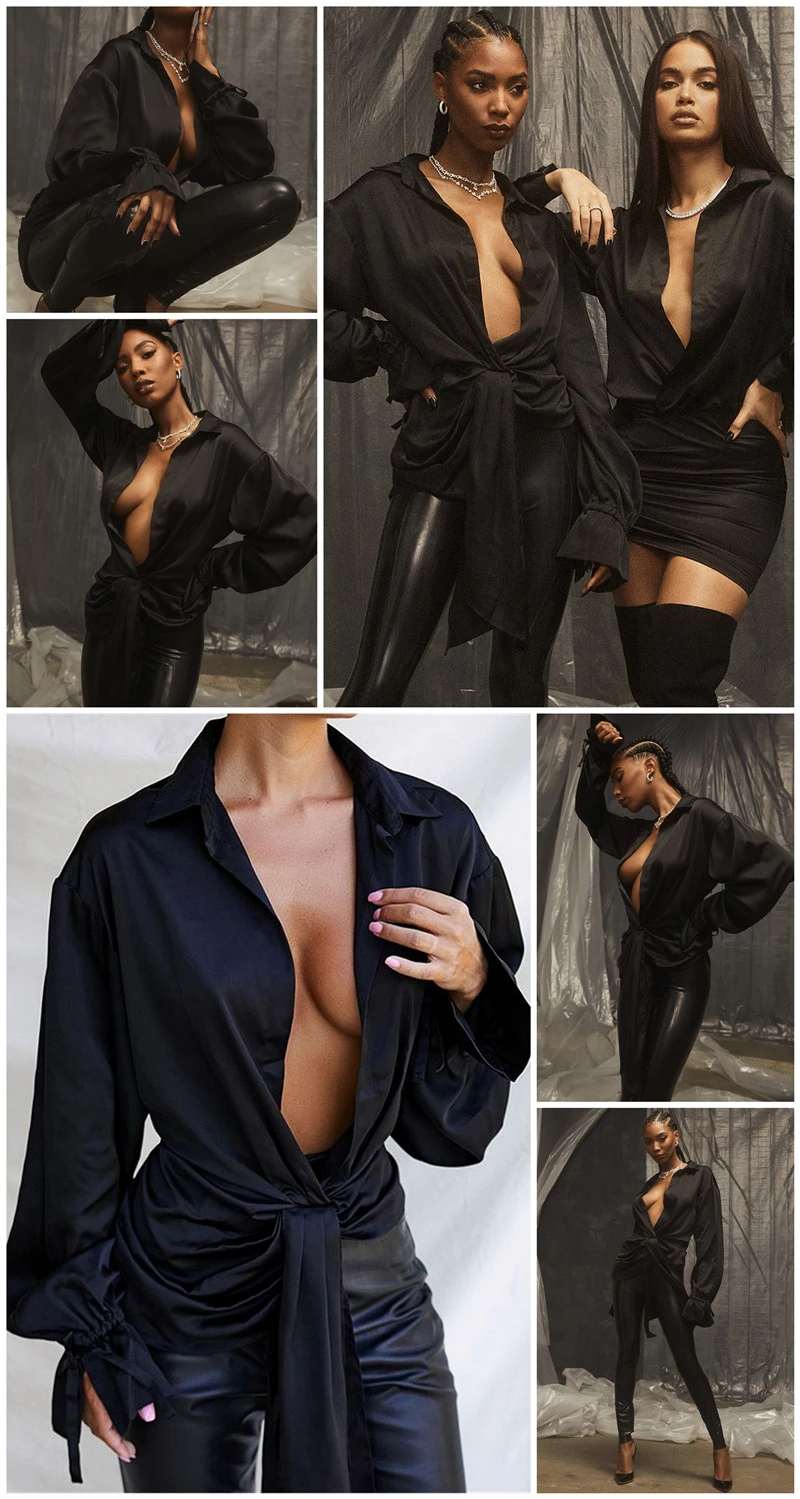 Fantoye Preto Sexy Pescoço Pétala Manga Blusas Mulher Moda 2022 Elegante Bandagem Irregular Solto Camisas Casuais Tamanho Grande v 4 Blusas e Camisas