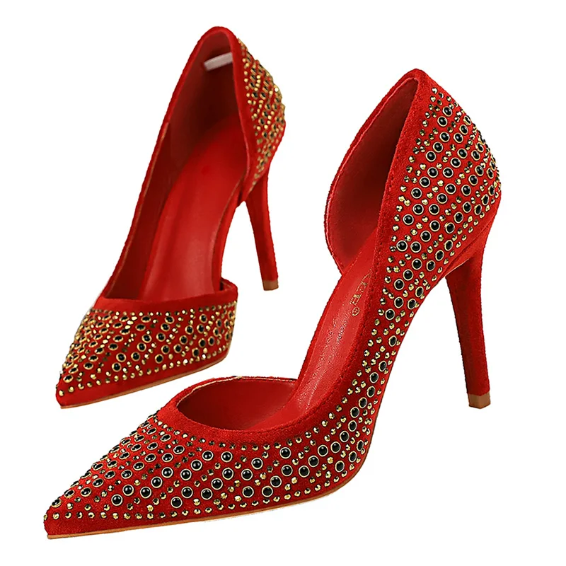 

2019 Women Crystal Glitter 9.5cm High Heels Bling Green Pumps Lady Scarpins Stiletto Rivets Heels Sexy Wedding Bridal Prom Shoes