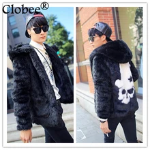 Winter Vetement men faux fur coat white skull pattern black rabbit fur hooded fur coat Plus Size Men Coat S-3XL