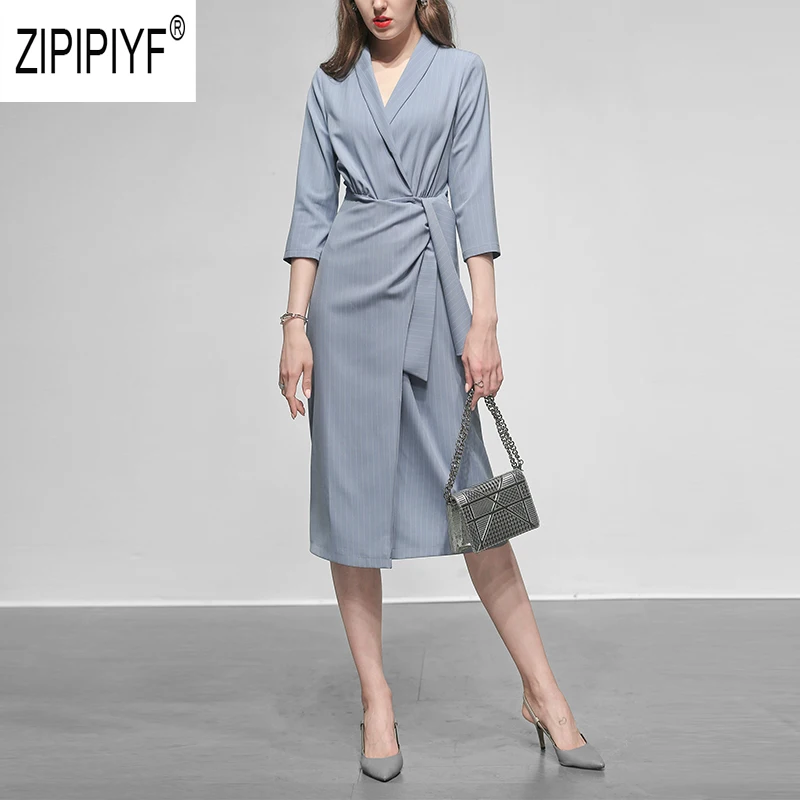 

Sexy Fashion 2019 Autumn Women Dresses Turn Down Neck Three Quarter Sleeve Mid Waist Stripe Dresses Office Lady Dresses Z2380
