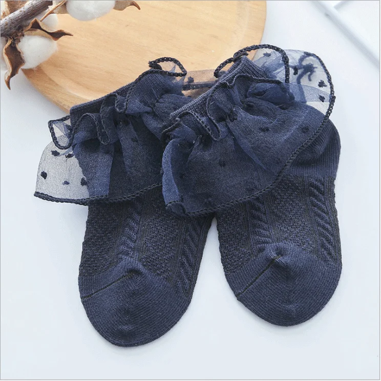 Популярные кружевные носки с оборками для новорожденных девочек хлопковые школьные кружевные носки От 3 до 12 лет - Цвет: Синий