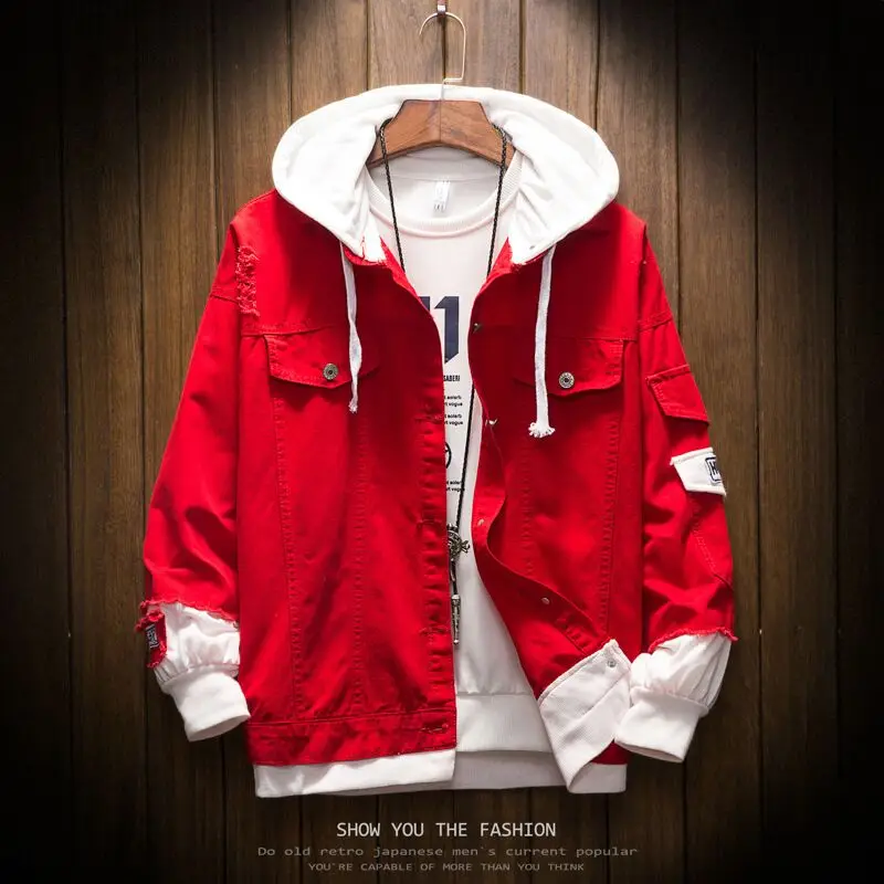 Casual Men Hooded Denim Jacket Loose 