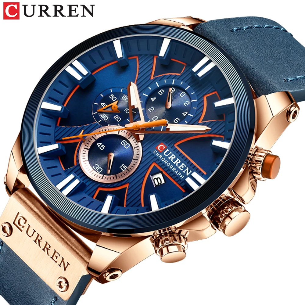 

CURREN Luxury Brand Men Quartz Chronometer Watch Fashion Blue Casual Leather Strap Wristwath Auto Date Calendar Male Clock 8346