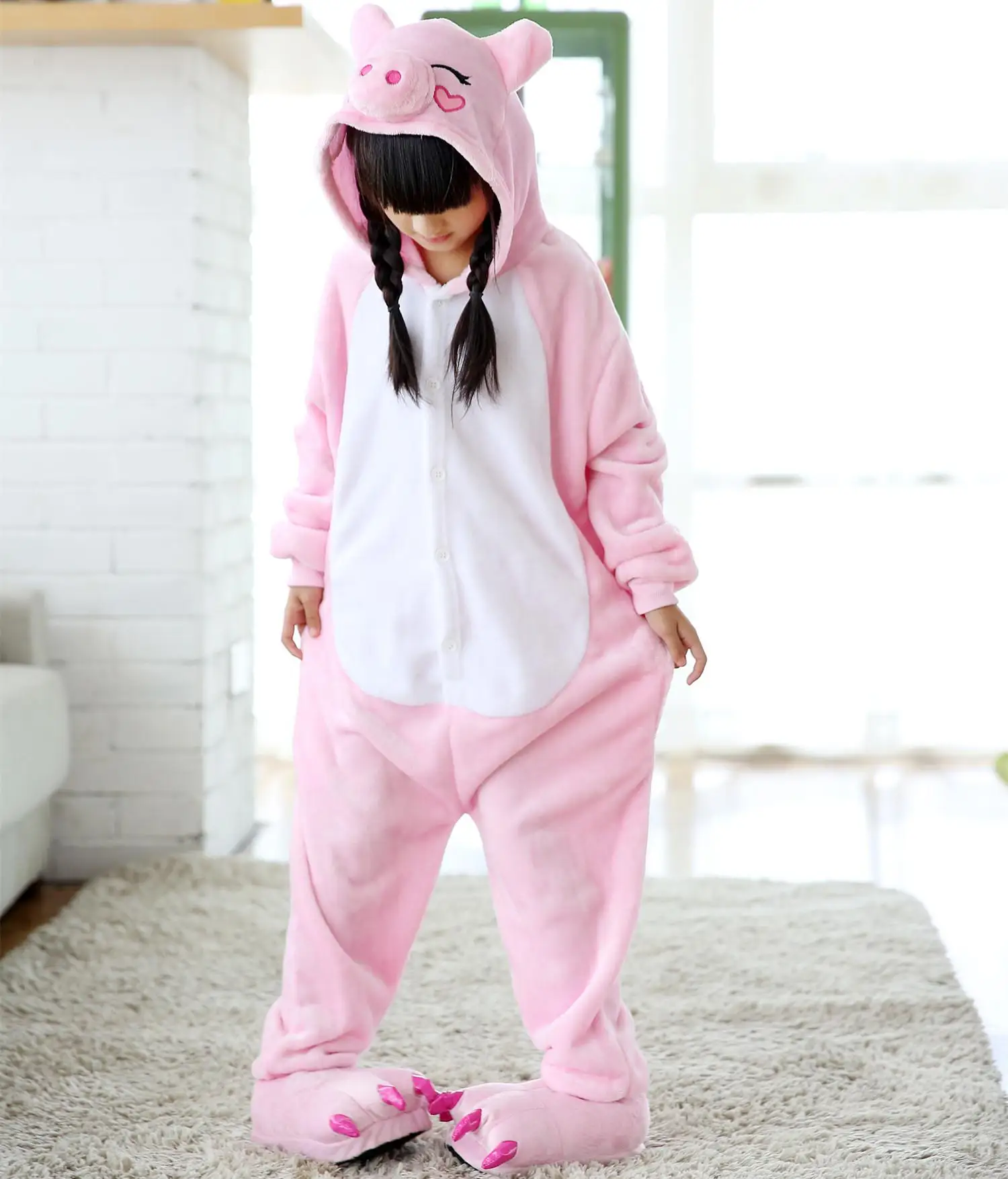 Теплый фланелевый пижамный комплект, детская зимняя одежда для сна, кигуруми, единорог, Пикачу, жираф, пижама для мальчиков, комбинезоны, пижамный комплект для девочек - Цвет: Pink Pig FL