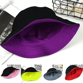 

Women Solid Color Flat Cotton Fisherman Sun Hat Bucket Hat Hip Hop Wide Brim Beach UV Protection Round Top Sunscreen