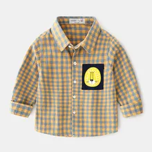 Katofely2019 Осенняя новая стильная детская одежда для мальчиков; детская клетчатая рубашка с длинными рукавами из чистого хлопка с аппликацией льва
