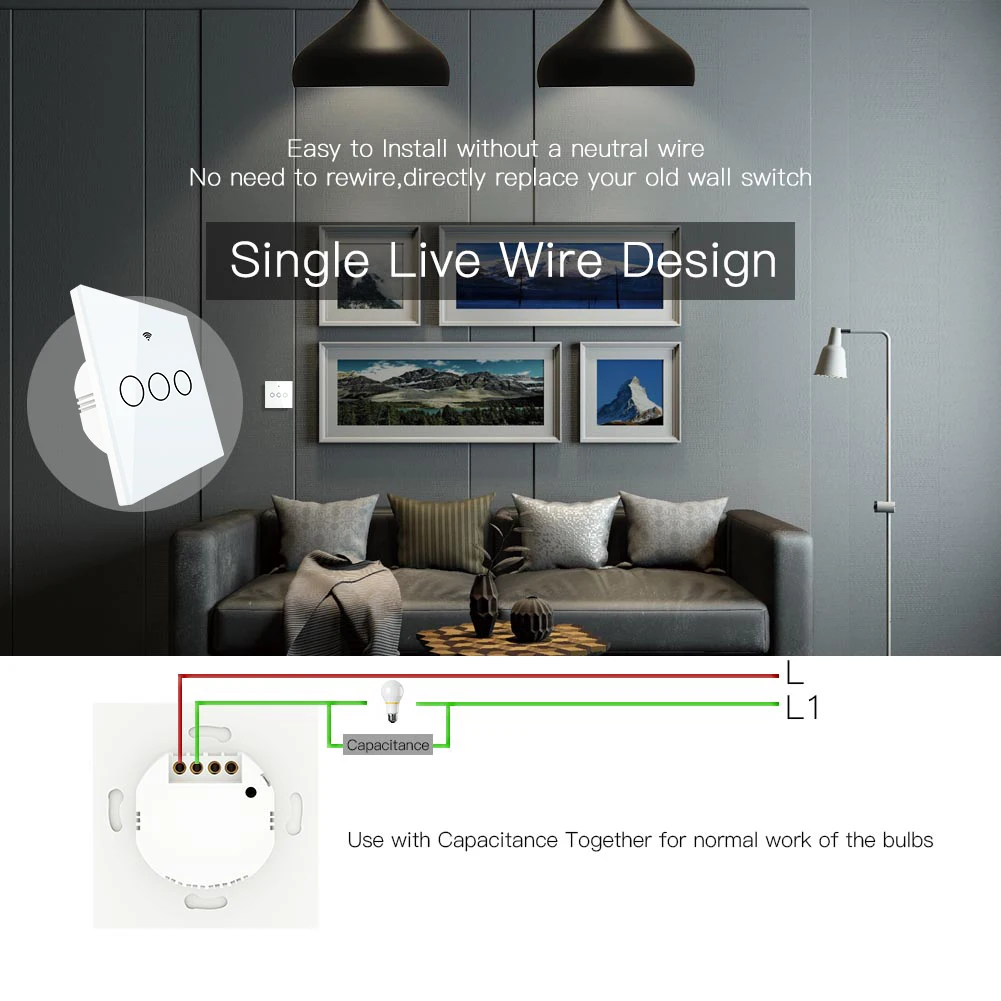 WiFi Smart Wall Switch No Neutral Wire Needed Wireless Smart Life Tuya Remote Control Single Fire Work with Alexa RF433