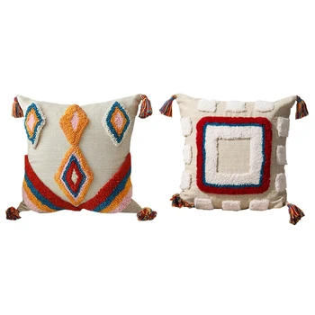 

2 Pcs Cushion Cover Tassels Boho Style Ethnic Pillow Cover Handmade Luxury Moroccan Style 45X45Cm, C & A