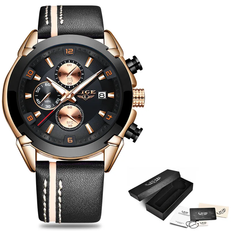 Mens Watches Top Brand Luxury LIGE New Fashion Waterproof Sport Quartz Watch Men Blue Leather Chronograph Relogio Masculino - Цвет: Rose gold black