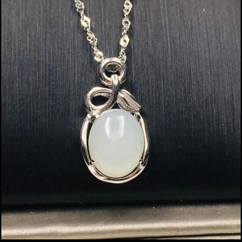 Real 925 Silver Natural White HeTian Jade Oval Shape Lucky Pendant + Chain Necklace For Women Fine Jewelry | Украшения и