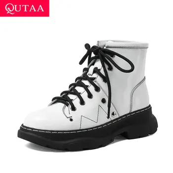 

QUTAA 2021 Lace Up Autumn Winter Ankle Boots Sewing Cow Leather Round Toe Short Boots Square Heel Casual Women Shoes Size 34-41