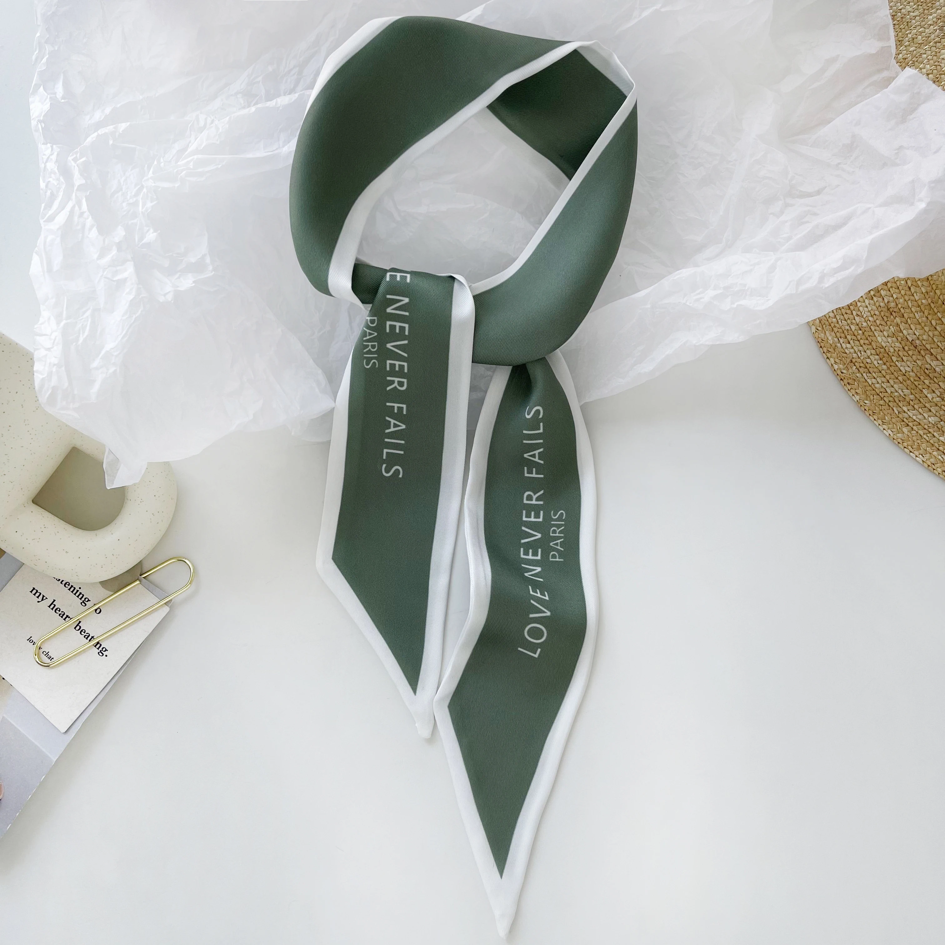 Luna&Dolphin Women Narrow Long Scarf 100x6cm Chic French Gentle Elegant Chiffon Silk Tie Letter Print Bag Ribbon Headband Choker 6