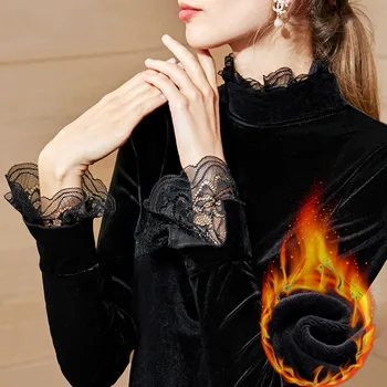 

Lace Edge Velvet Half High Collar Plush Thermal Underwear Tops Women Intimates with Flared Sleeves In Autumn and Winter 2020