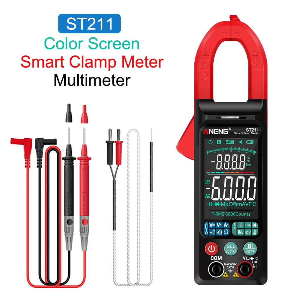 

Digital Clamp Meter ST211 Big Color Screen Car Amp Hz NCV Ohm Test 6000 Counts DC/AC Voltage Current Tester Multimeter