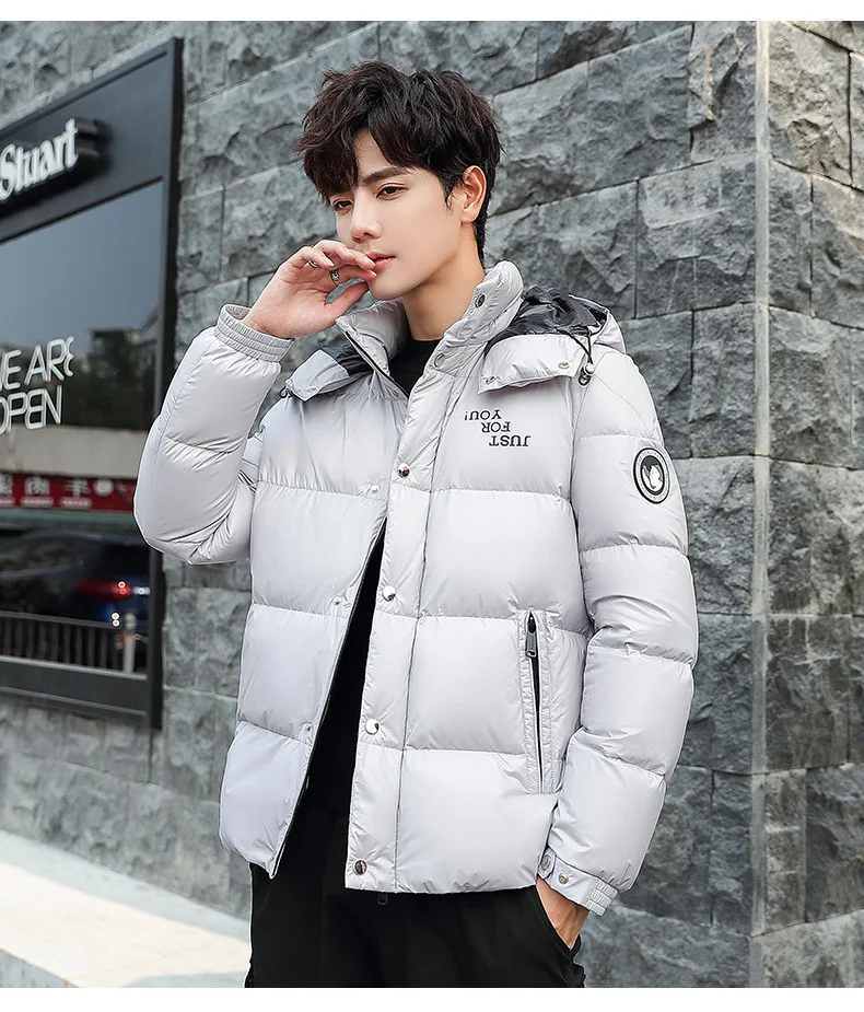 waterproof puffer jacket Winter 90% white duck down men's shiny down jacket men's short new couple models hooded down jacket Just for u Winter Down Parka mens puffer jacket