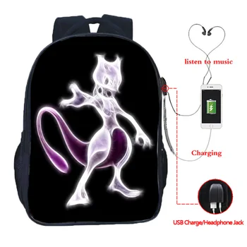 

Pokemon Pikachu Mewtwo Multifunction School Backpack for Teenager USB Charging Headphone Jack Laptop Bags Female Travel Rucksack