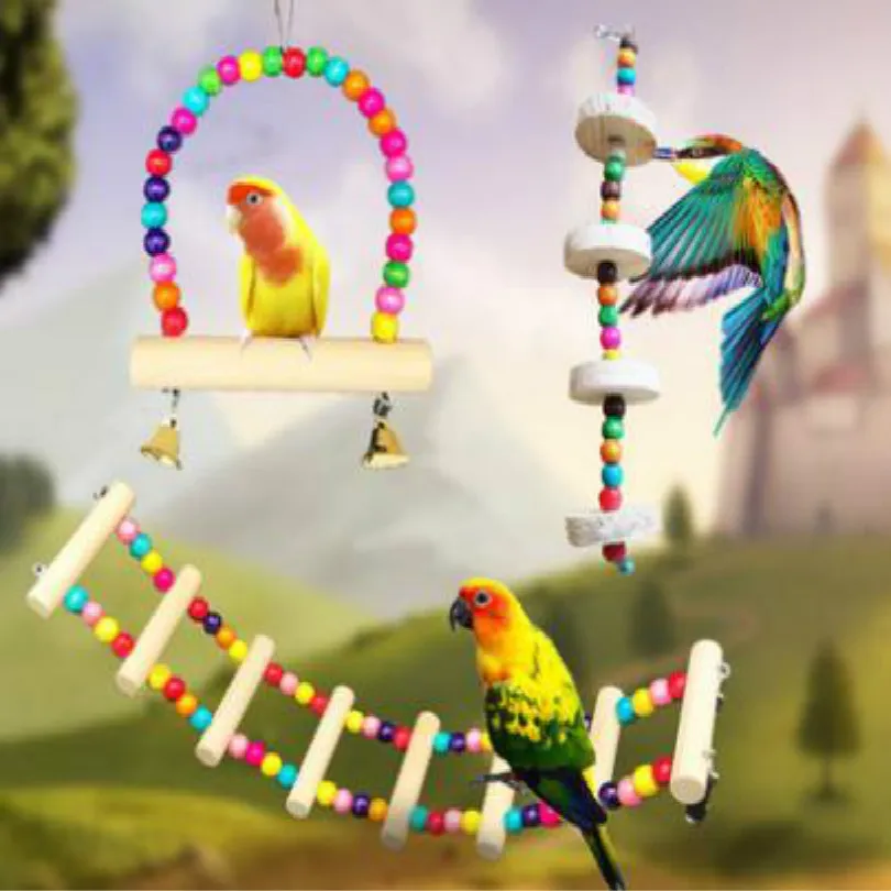 

bird toys parrot toys bird toy birds entertainment suspension loop bridge swing ladder Colorful Balls Natural Wood 9styles