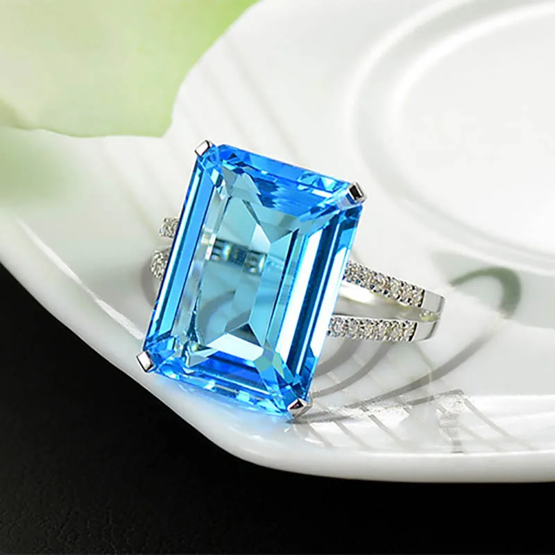 Cellacity Luxurious Geometry Aquamarine Rings for Women Simple Rectangle Blue Gemstones Silver 925 Jewelry Size6-10 Engagement