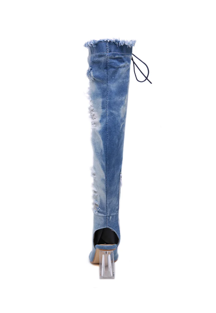 WEIQIAONA New Autumn crystal thick with denim boots high heel fish mouth strap nightclub Party Shoes Wedding Shoes Sandals Boots