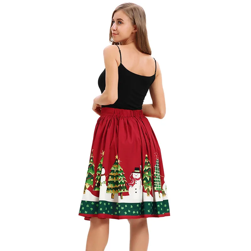 Для женщин к Рождеству Лось дерево с изображением Санта-Клауса, вечерние юбка Винтаж короткими расклешенными с коротким и широким подолом стрейч Высокая Талия; Праздничная юбка; эластичная женская обувь