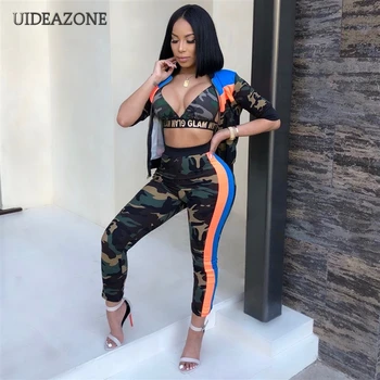 

Camouflage Print Women Three Piece Set Zipper Tops Bra Elastic Waist Pants Patchwork Ladies 3Pcs Sets 3 Pieces Suits
