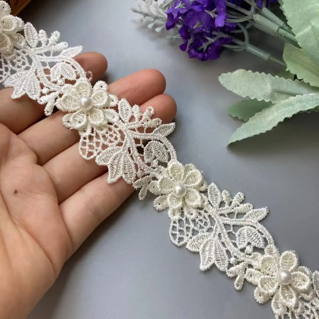 

2 yards Ivory Lace Trim Ribbon Embroidered Fabric Soluble Polyester Pearl Flower DIY Sewing Craft For Costume Hat Decoration New