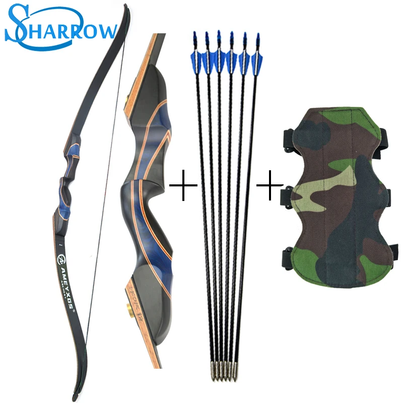 

56inch Archery Recurve Bow 20-50ibs LongBow With Army Green Camo Arm Guard and 6pcs 31inch Fiberglass Arrow Hunting Shooting