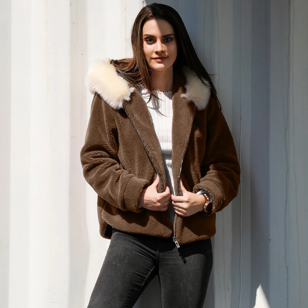 

Winter Fleece Outwear Coats Women Casual Solid Faux Fur Hooded Outerwear Jackets Cardigan Loose Female Sweater Zipper Coat New